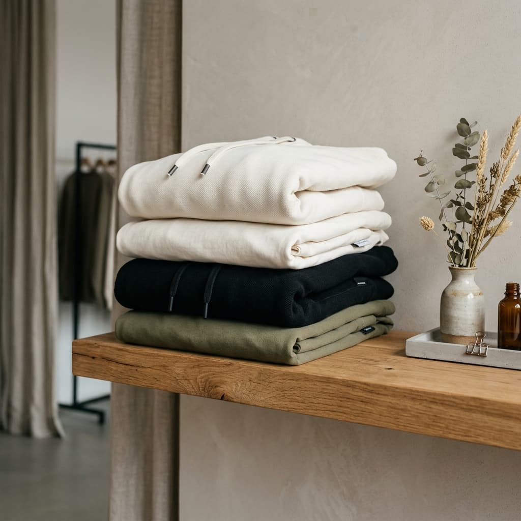 Folded heavy French Terry loopback hoodies and oversized cotton blanks representing fabric weight and structure
